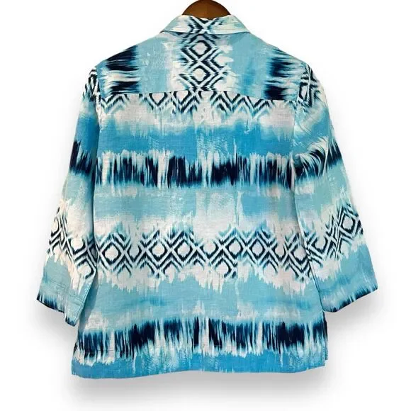 Jones New York 100% Linen Button Up Shirt M Blue Ikat 3/4 Sleeve Coastal Boho - Picture 6 of 7